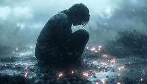 Sad Anime Wallpaper: Boy in Rain, Dark Aesthetic Background