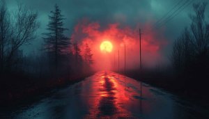 Red Moon Wallpaper: Rainy Road, Forest Landscape - UHD Wallpaper