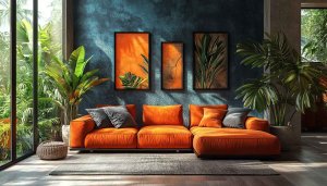 Interior Design Wallpaper: Orange Sofa, Plants, Wall Art - 4K