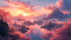 Sakura Tree Wallpaper, Cherry Blossom, Lake and Mountains Scenery, HD