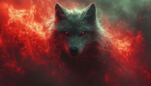 Fiery Wolf Wallpaper: Red and Black, 4K, Desktop Background