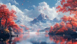Autumn Scenery Wallpaper: Red Leaves, Mountain, Lake, Nature 4K
