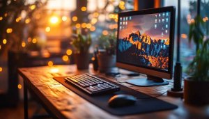 Aesthetic Workspace Wallpaper: Computer, Desk, Lights, Nature for Desktop