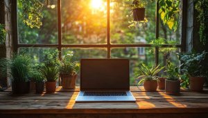 Laptop and Plants Wallpaper, Cozy Desk Setup Desktop Backgrounds