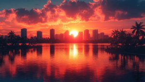 City Sunset Wallpaper, Ocean Reflection, Tropical Skyline Background