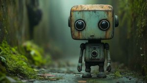 Cute Robot Wallpaper: Rusty Toy Robot Forest Desktop Background