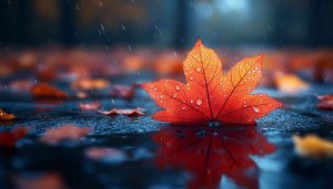 Autumn Rain Wallpaper: Red Leaf, Water Drops, Aesthetic Background