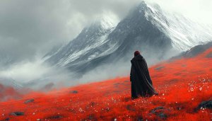 Mountain Landscape Wallpaper: Red Field, Cloaked Figure, Misty Peaks