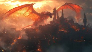 Dragon Wallpaper: Fantasy Dragon over Burning City 4K UHD Wallpaper