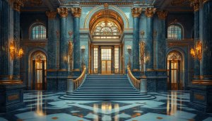 Luxury Interior Wallpaper: Palace Architecture, Golden Accents, Grand Hallway