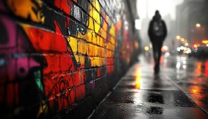 City Street Wallpaper: Graffiti Art, Rainy Night, Urban Scene