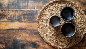 Wooden Table Wallpaper: Rustic Bowls on Woven Mat Background 4K