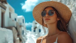 Summer Girl Wallpaper: Greece, Woman, Hat, Sunglasses, Vacation