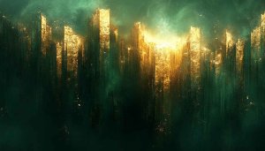 Emerald City Wallpaper, Golden Glow, Artistic, Abstract Design