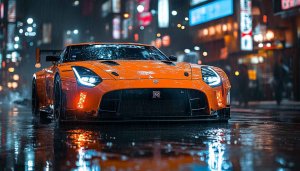 Nissan GTR Wallpaper: Orange Car, City Lights, Rain, 4K