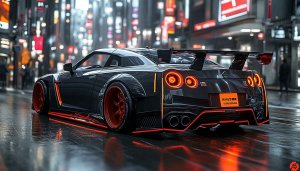Nissan GTR Wallpaper: Black Sports Car in City Night, 4k