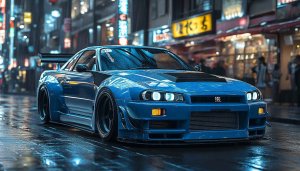 Blue Nissan Skyline R34 Car Wallpaper in Rainy City Scene