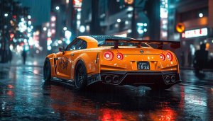 Nissan GTR Wallpaper: Stunning Orange Car in Rainy Cityscape
