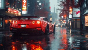 Nissan GTR Car Wallpaper: Red Japanese Car Cityscape Background