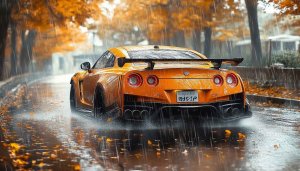 Nissan GTR Car Wallpaper: Rainy Autumn Aesthetic Backgrounds