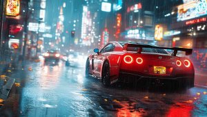 Red Nissan GTR Car Wallpaper in Rainy Neon Cityscape 4K