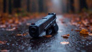 Gun Wallpaper: Glock Pistol on Wet Autumn Leaves Background