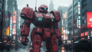 Sci-Fi Robot Wallpaper, Mecha in Rainy Tokyo Street, 4K UHD