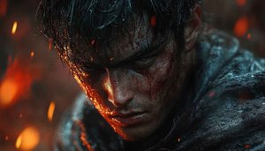 Intense Warrior Wallpaper: Dark Fantasy, Bloodied Hero, 4k Resolution