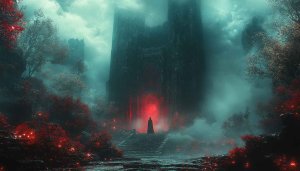 Dark Fantasy Castle Wallpaper: Mystic Gate and Cloaked Figure