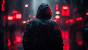 Rainy City Wallpaper, Man in Hood, Neon Lights, 4k Wallpaper