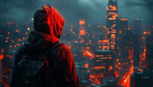 Cyberpunk City Wallpaper: Rainy Night, Neon Lights, Hooded Figure