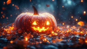 Glowing Pumpkin Wallpaper: Halloween Theme, Autumn Colors, Spooky Vibes