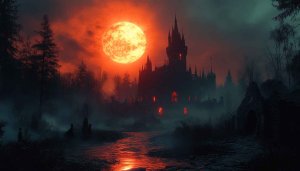 Halloween Wallpaper: Spooky Castle, Full Moon - Desktop Background