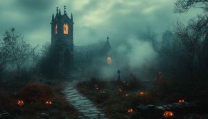 Halloween Wallpaper, Spooky Church, Pumpkin, Dark Theme, 4k Wallpaper