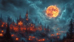 Halloween Wallpaper: Spooky Castle, Full Moon, Jack-o'-Lanterns, Forest, 4K