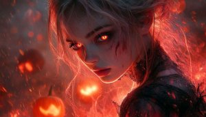 Halloween Wallpaper: Scary Witch Girl with Pumpkin Lanterns 4K