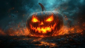 Fiery Halloween Pumpkin Wallpaper, Jack-o'-lantern, Horror Theme, 4K Wallpaper