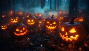 Halloween Pumpkin Wallpaper, Spooky Forest, Jack O Lanterns, 4K