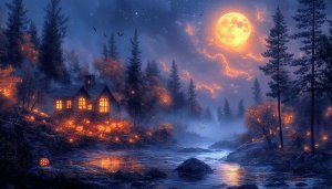 Halloween Wallpaper: Spooky Night, Pumpkin, Full Moon, Cottagecore Theme