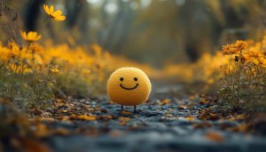 Happy Emoji Wallpaper: Cute Yellow Character on Autumn Path