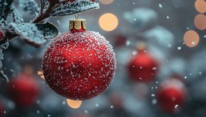 Christmas Wallpaper: Red Bauble on Snowy Branch for Desktop