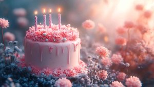 Birthday Cake Wallpaper: Pink Floral Celebration, 4K Dessert Background