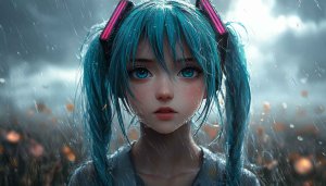 Hatsune Miku Anime Wallpaper, Vocaloid Girl in Rain Art