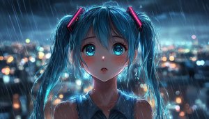 Hatsune Miku Wallpaper, Anime Girl, Rainy Night, 4k Wallpaper