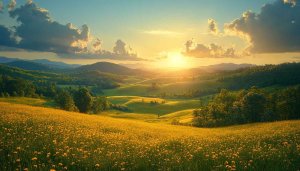Sunrise Wallpaper: Landscape Meadow, Hills & Sky - Scenic View