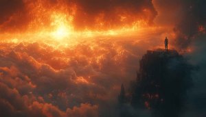 Fiery Sky Wallpaper: Fantasy Landscape, Man Silhouette, 4k Resolution