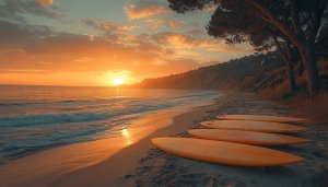 Sunset Beach Surfboard Wallpaper - Scenic Ocean View Landscape Images