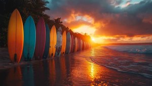 Surfboard Wallpaper: Vibrant Sunset Beach Scenery for Desktop, Laptop.
