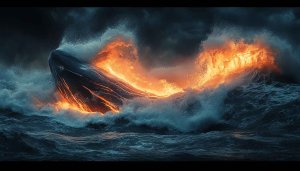 Whale Fire Ocean Wallpaper, Sea Creature Art, 4K Computer Background