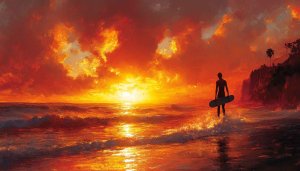 Sunset Surfer Wallpaper: Beach Scenery, Artistic Seascape, Ocean View